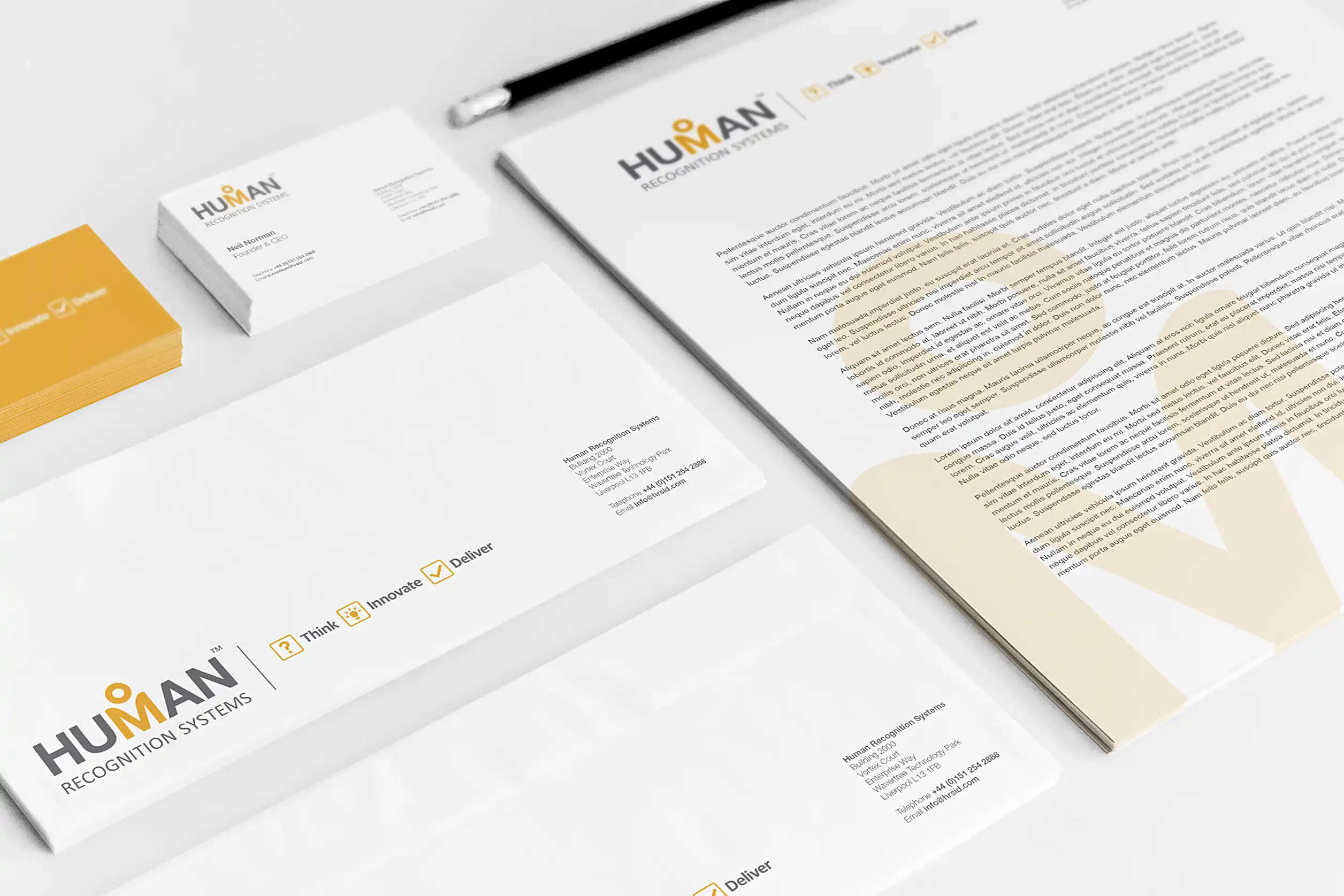Human Recognition Systems brochure stationery suite