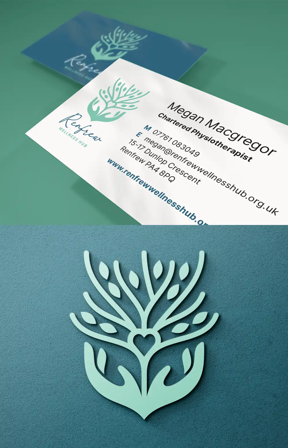 Renfrew Wellness Hub business card and side entrance signage